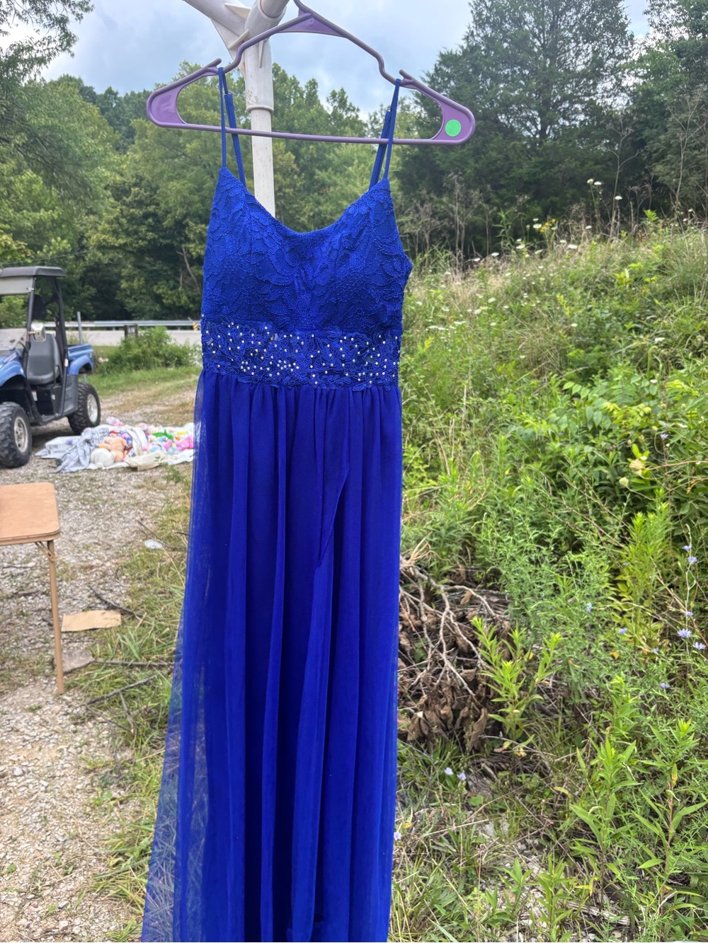 Royal Blue Beaded Lace Spaghetti-Strap Prom Dress